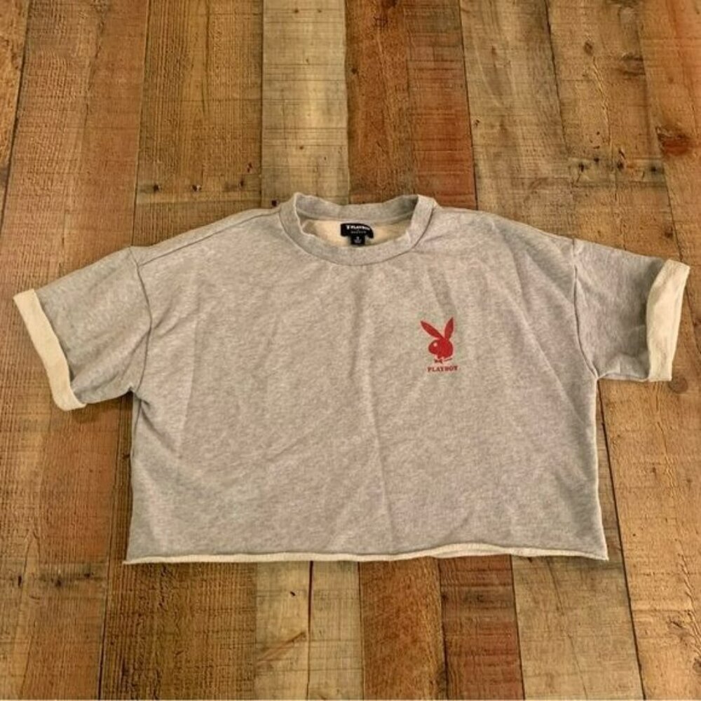 Pacsun playboy short sleeve cuffed cropped sweatshirt in gray -S